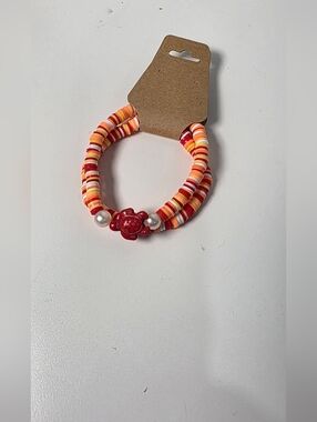 Turtle Accent Orange & Red Beaded Stretch Bracelet By Izzy G.